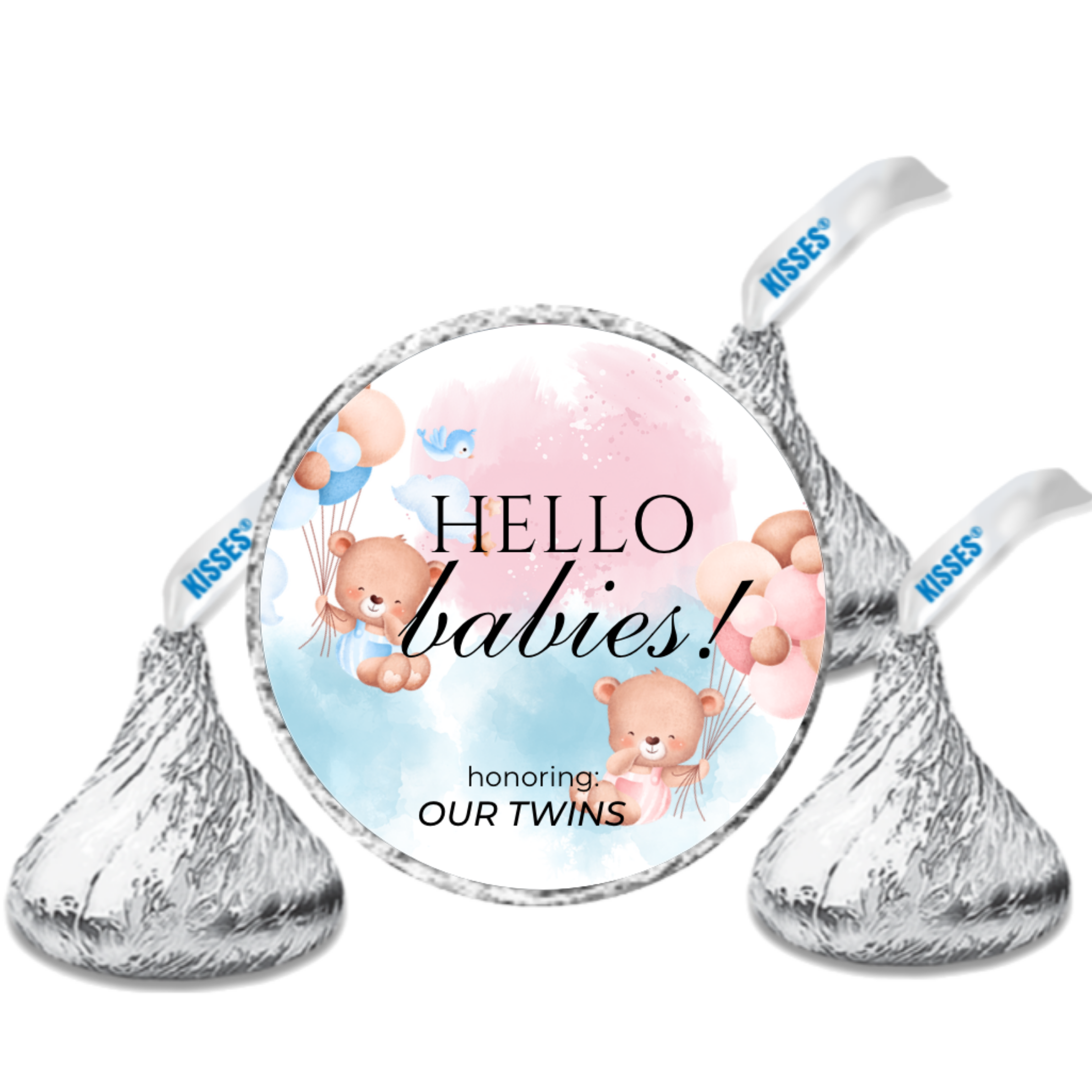 Twin Baby Shower Chocolate Candy Stickers, Hello Babies Theme, Set of 100, 0.75 Inch Round Labels, Pink and Blue Design