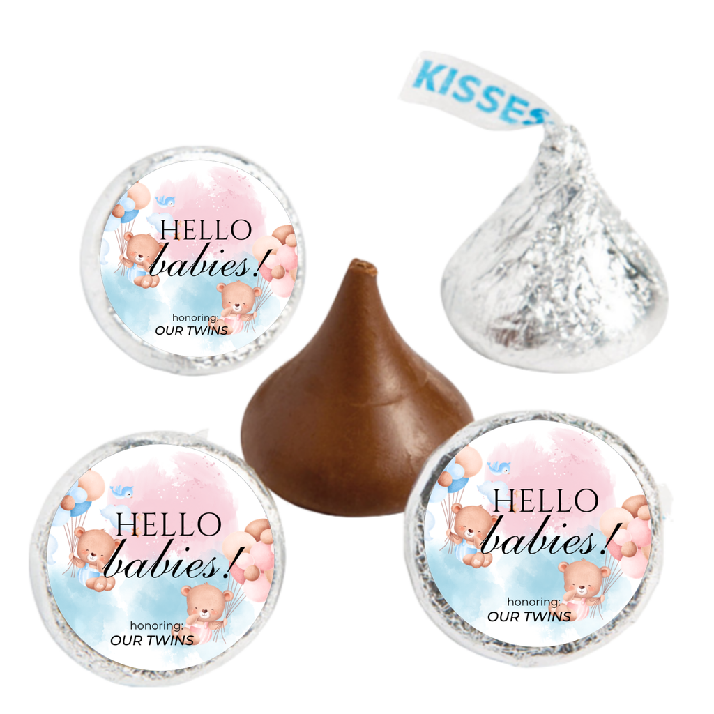 Twin Baby Shower Chocolate Candy Stickers, Hello Babies Theme, Set of 100, 0.75 Inch Round Labels, Pink and Blue Design