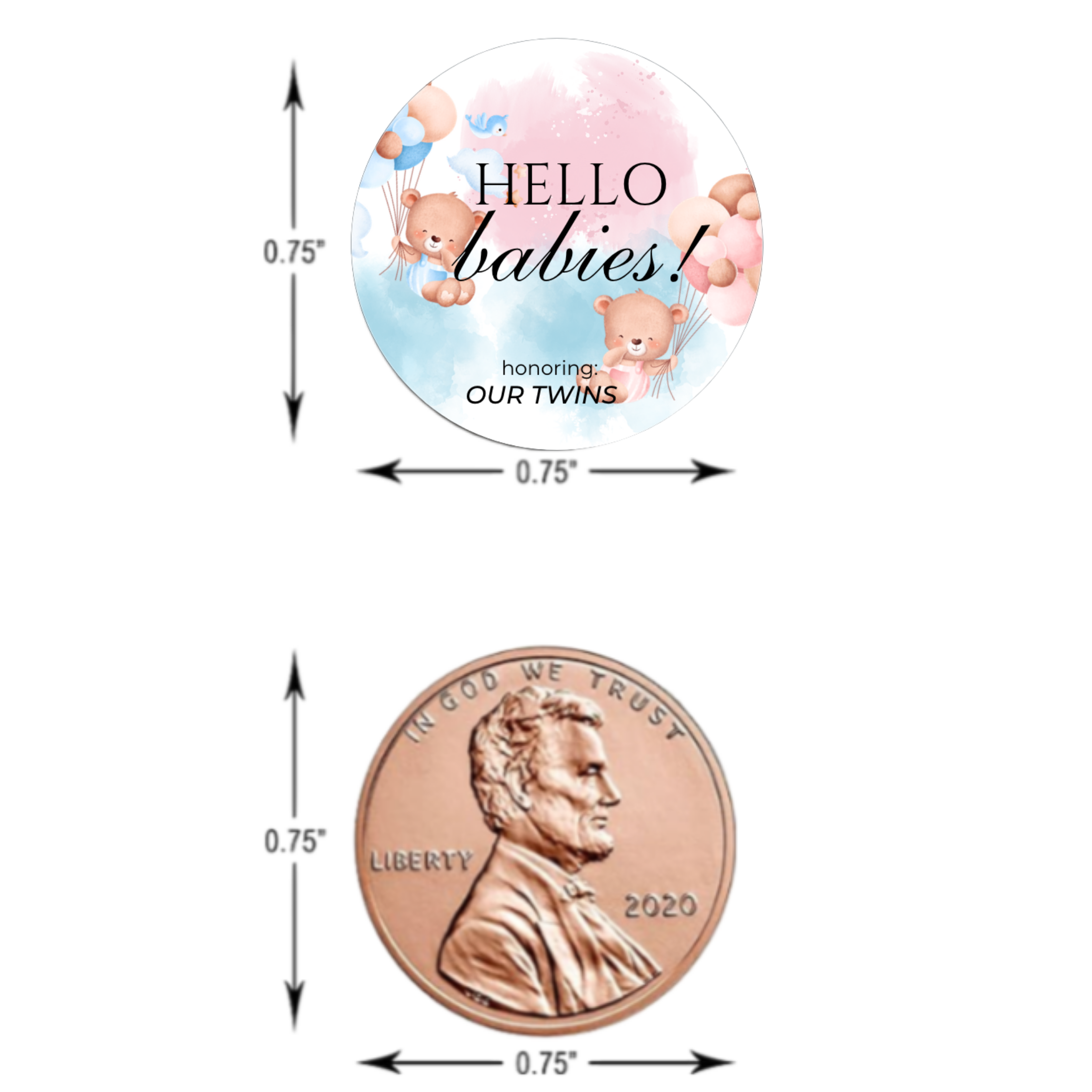 Twin Baby Shower Chocolate Candy Stickers, Hello Babies Theme, Set of 100, 0.75 Inch Round Labels, Pink and Blue Design