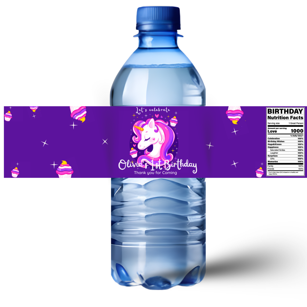 Unicorn Birthday Water Bottle Labels, Purple Party Decorations, Waterproof Self-Adhesive Stickers, 8.5 x 2 Inch, Pack of 12