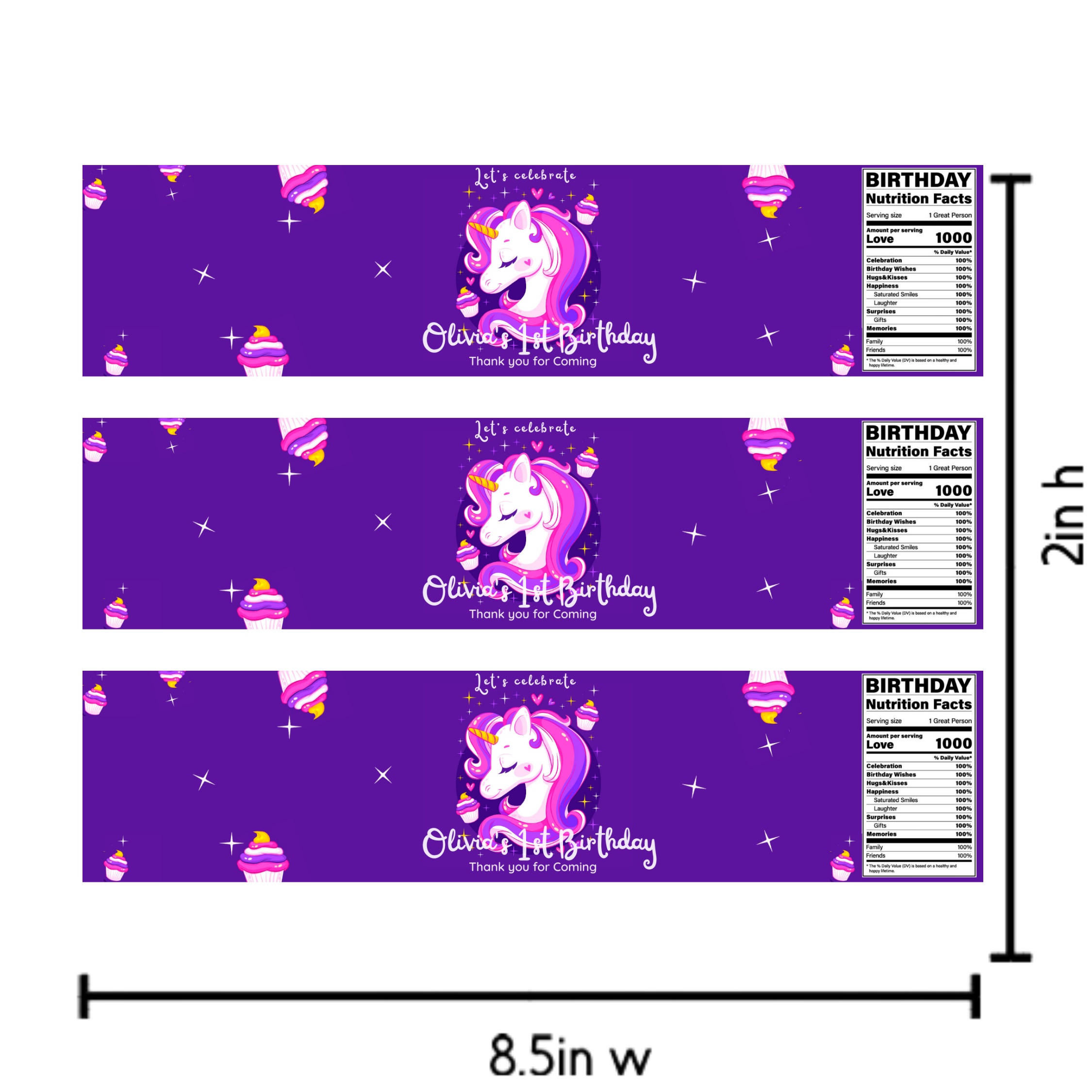 Unicorn Birthday Water Bottle Labels, Purple Party Decorations, Waterproof Self-Adhesive Stickers, 8.5 x 2 Inch, Pack of 12