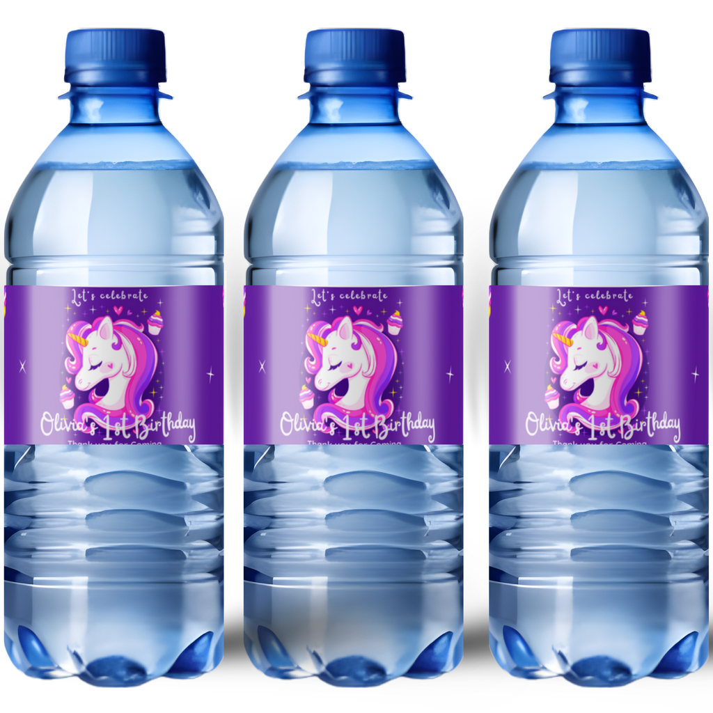 Unicorn Birthday Water Bottle Labels, Purple Party Decorations, Waterproof Self-Adhesive Stickers, 8.5 x 2 Inch, Pack of 12
