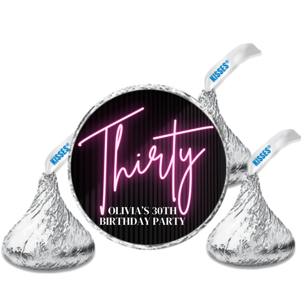 30th Birthday Celebration, Personalized Name Chocolate Candy Labels, Black with Pink Neon Design, Set of 100