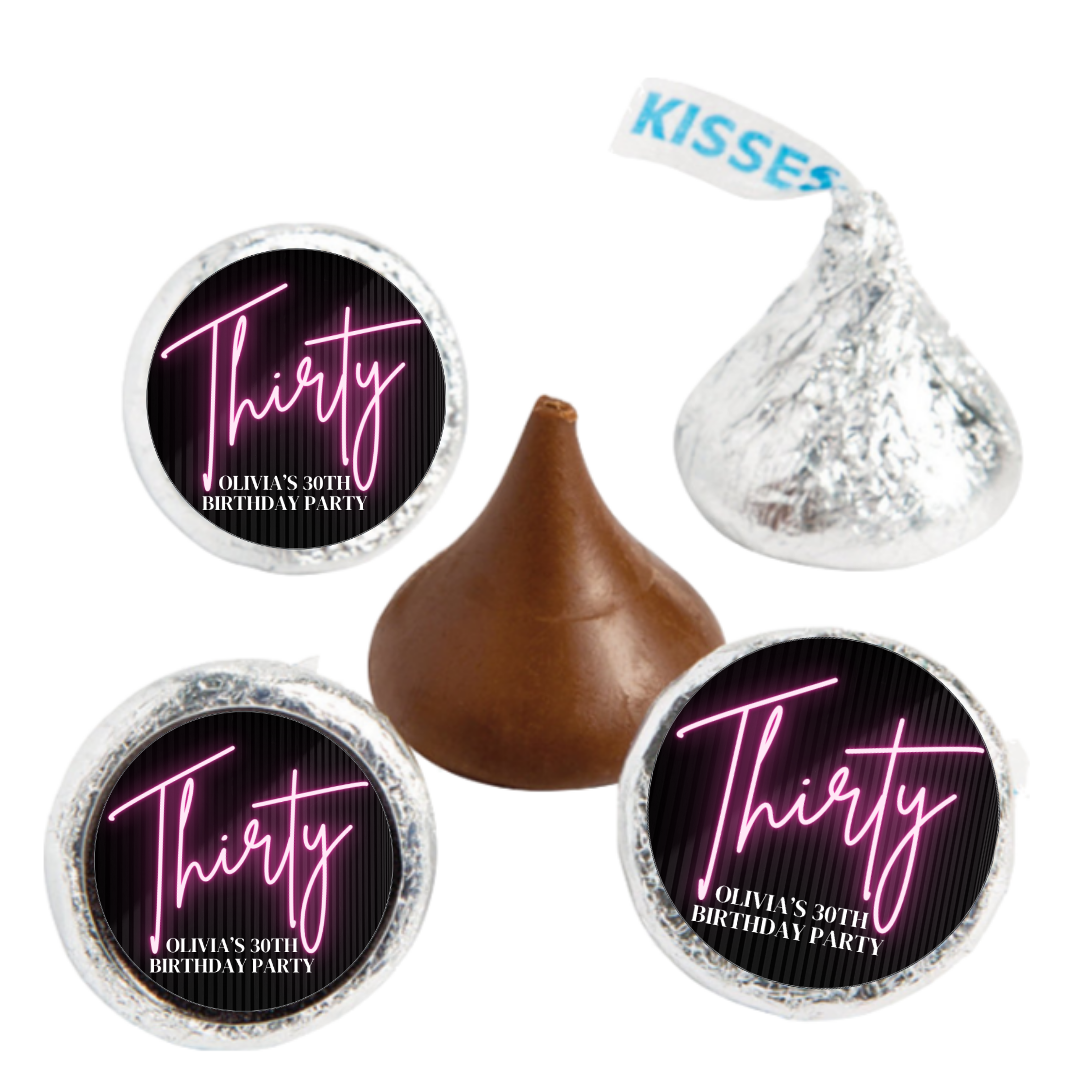 30th Birthday Celebration, Personalized Name Chocolate Candy Labels, Black with Pink Neon Design, Set of 100