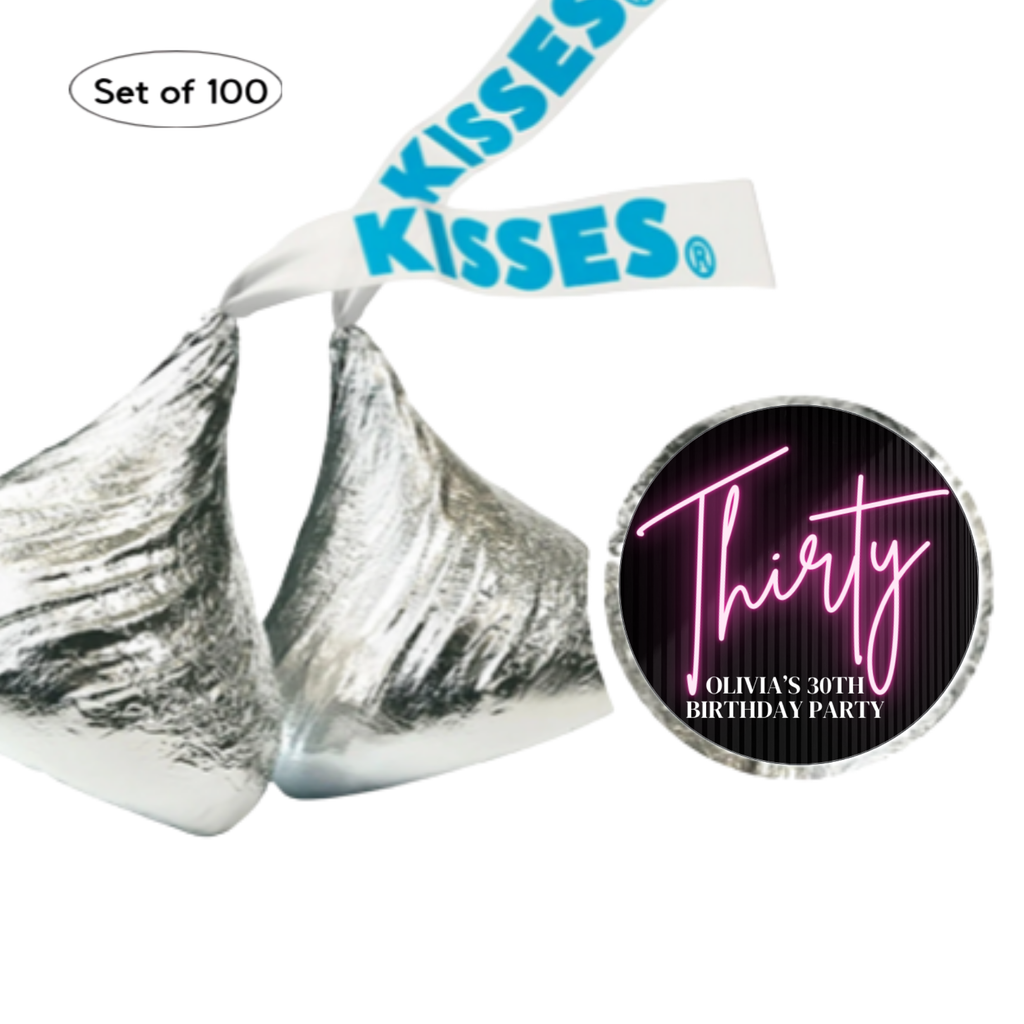 30th Birthday Celebration, Personalized Name Chocolate Candy Labels, Black with Pink Neon Design, Set of 100