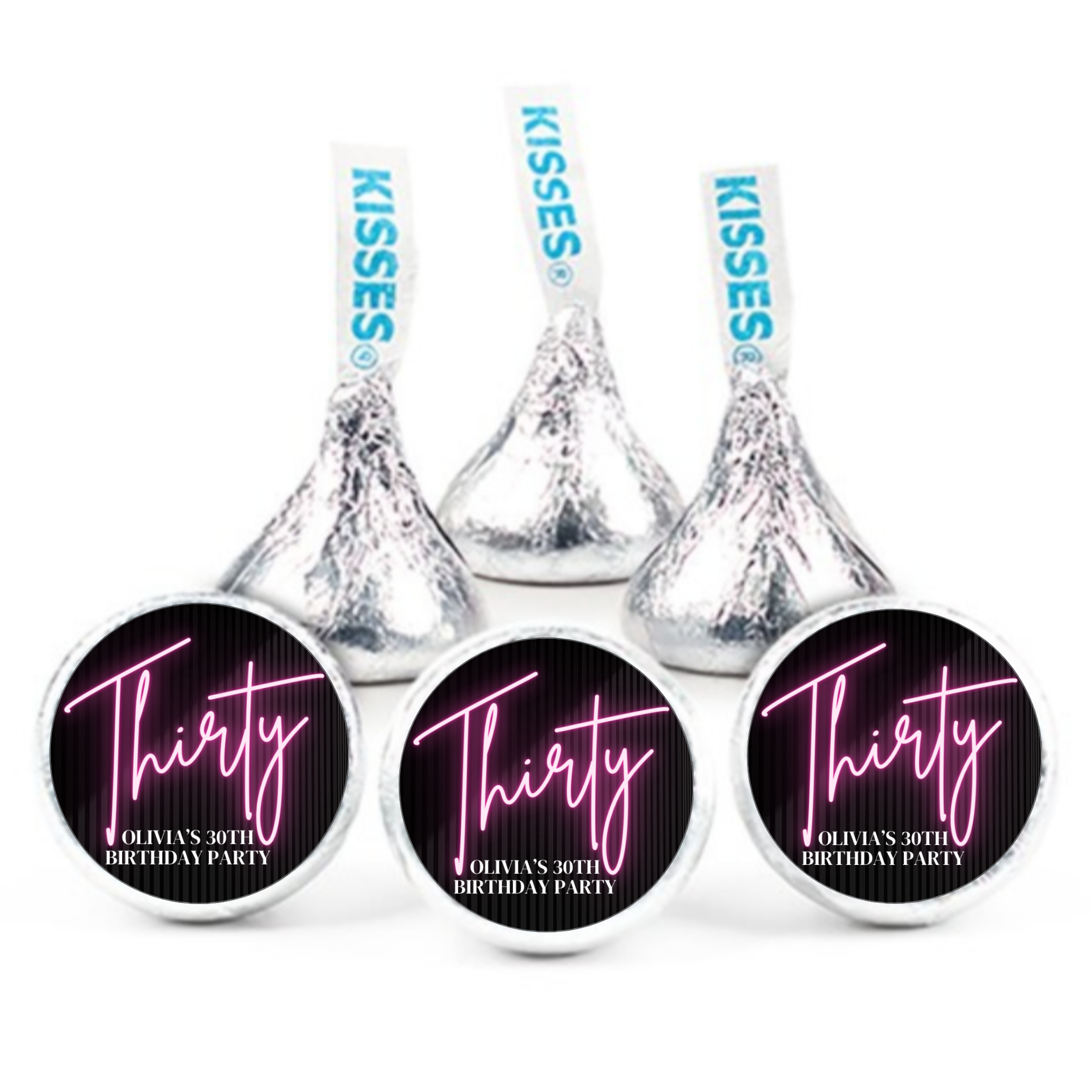 30th Birthday Celebration, Personalized Name Chocolate Candy Labels, Black with Pink Neon Design, Set of 100
