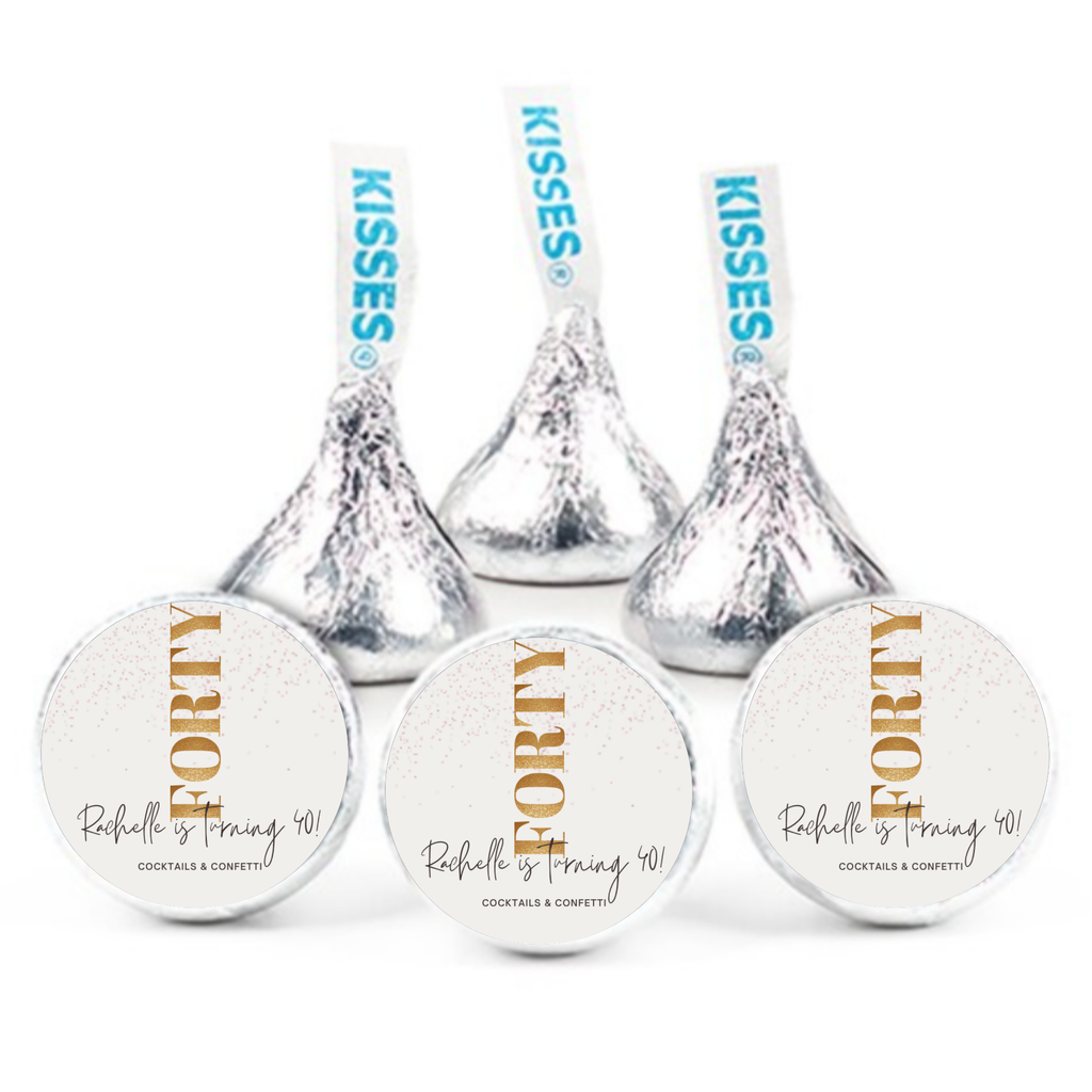 Cocktails & Confetti Custom Name Chocolate Candy Labels, Gold 40th Birthday Party Stickers, 0.75 Inch Round, Set of 100