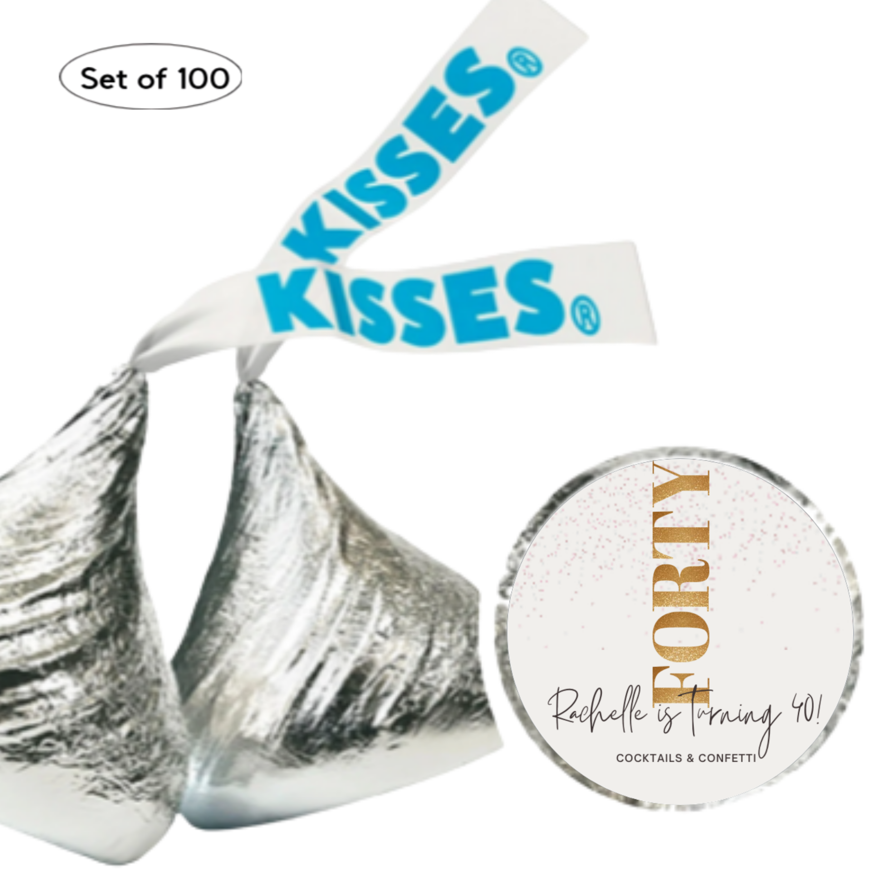 Cocktails & Confetti Custom Name Chocolate Candy Labels, Gold 40th Birthday Party Stickers, 0.75 Inch Round, Set of 100