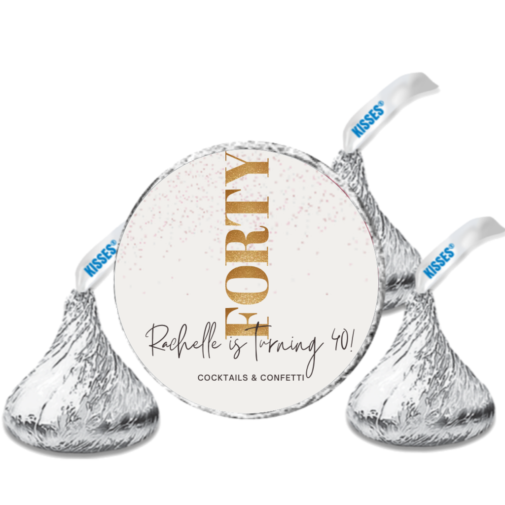Cocktails & Confetti Custom Name Chocolate Candy Labels, Gold 40th Birthday Party Stickers, 0.75 Inch Round, Set of 100