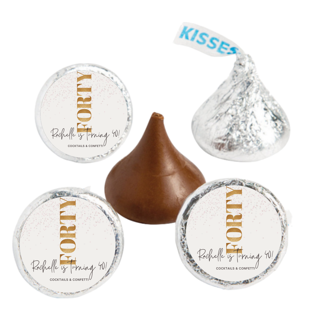 Cocktails & Confetti Custom Name Chocolate Candy Labels, Gold 40th Birthday Party Stickers, 0.75 Inch Round, Set of 100
