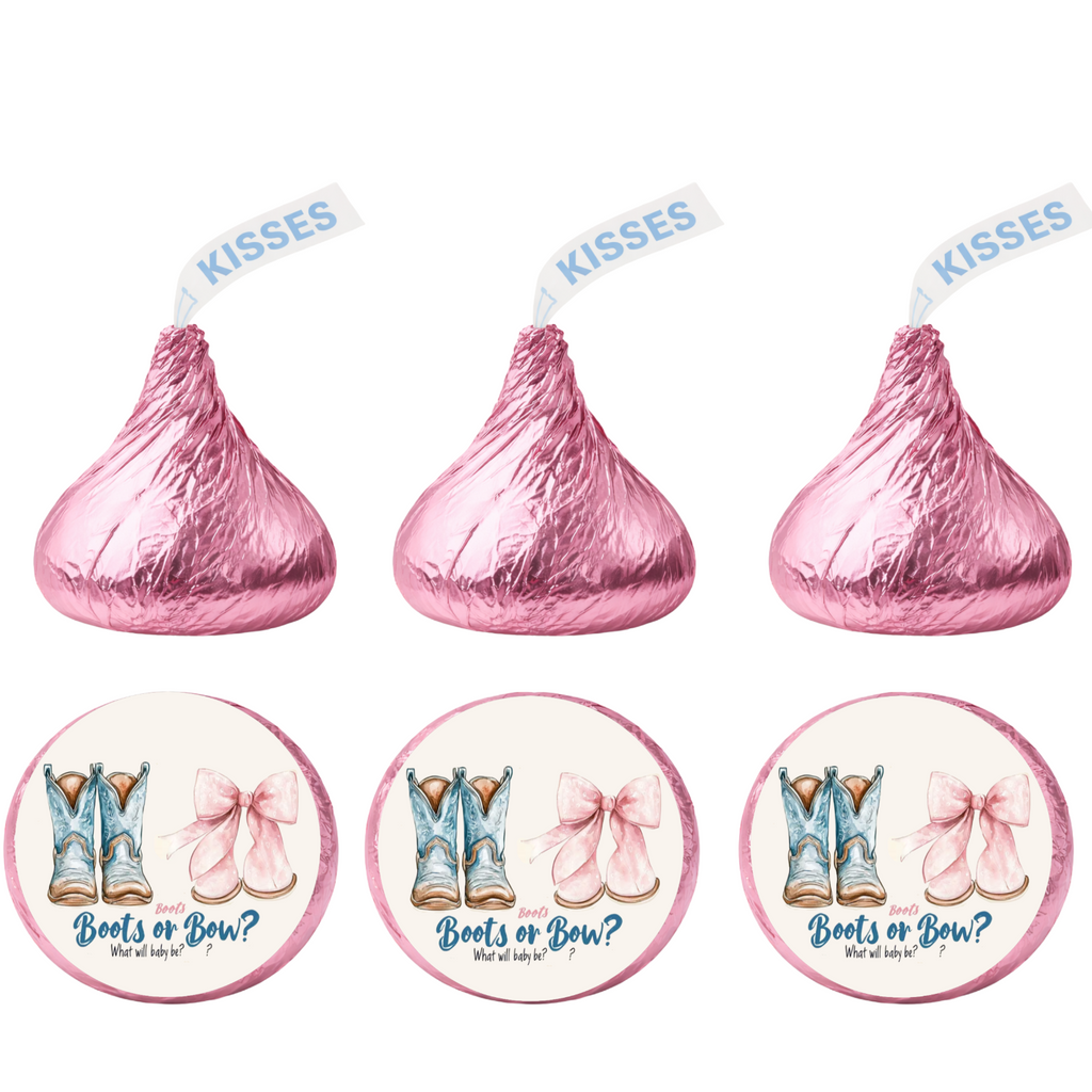 Boots Or Bow Gender Reveal Candy Kiss Stickers|Western Theme|100ct|Glossy|