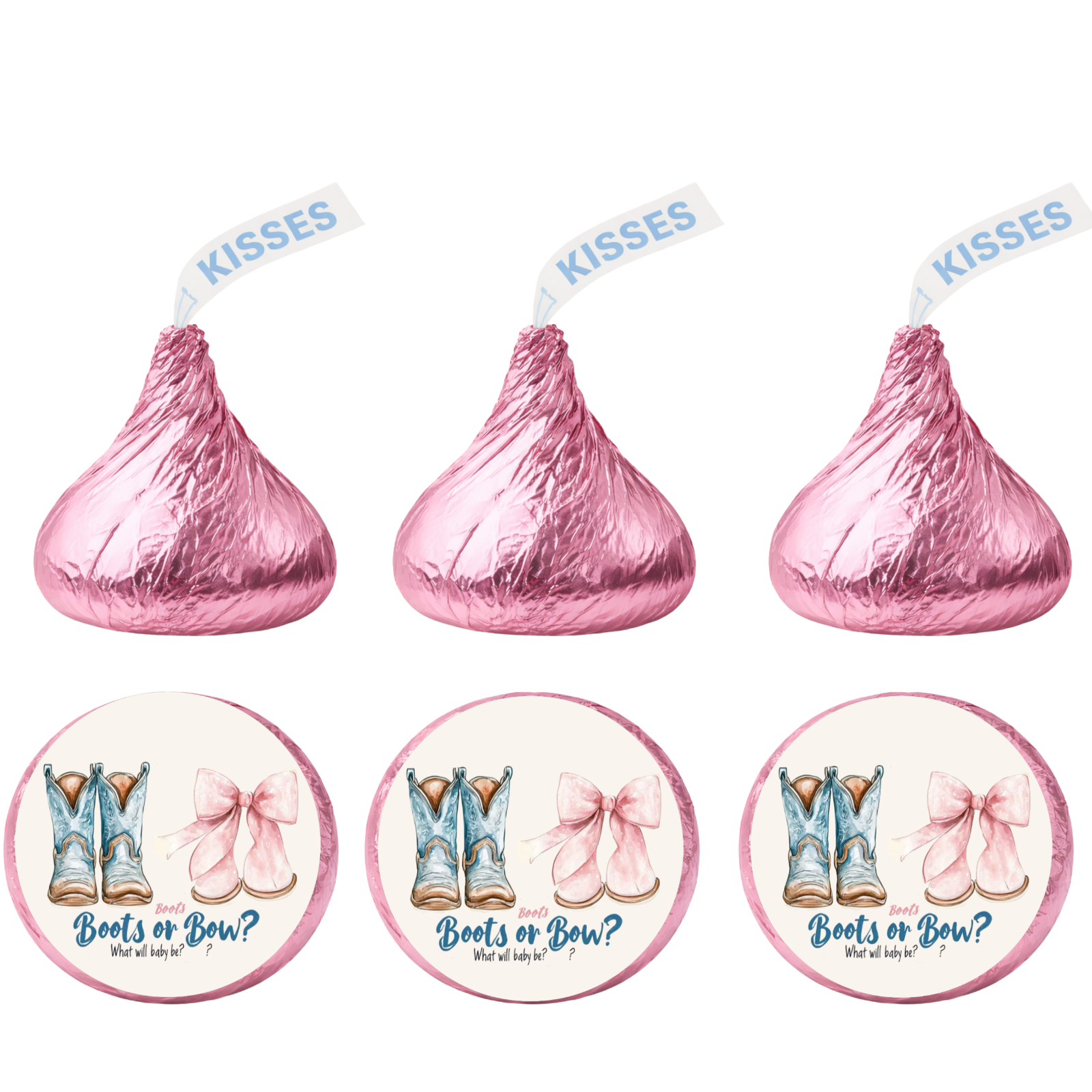 Boots Or Bow Gender Reveal Candy Kiss Stickers|Western Theme|100ct|Glossy|