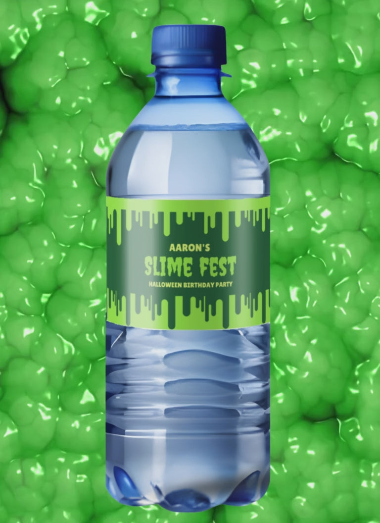 Slime Halloween Birthday Water Bottle Labels | Kids Slime Fest Party Decor | Personalized Name Labels | Green| Glossy