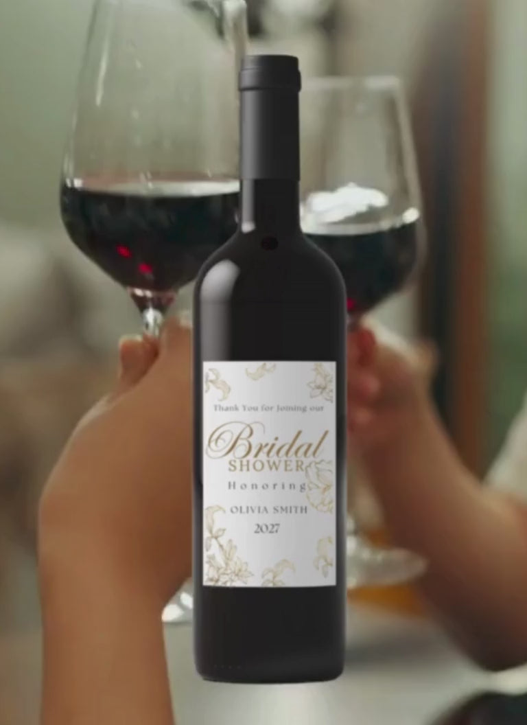 Personalized Bridal Shower Wine Labels | Glossy| White and Gold Floral Design | Custom Name and Year