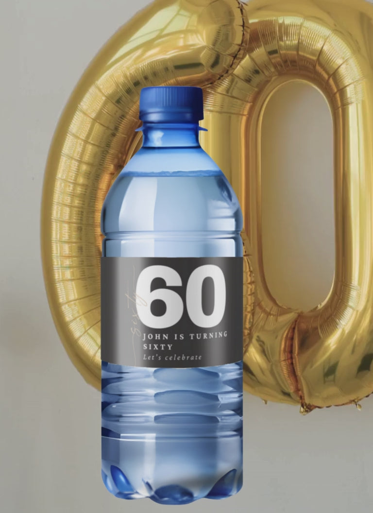 Personalized 60th Birthday Water Bottle Labels | Milestone Celebration Favors| Glossy| 60th Birthday| 12ct