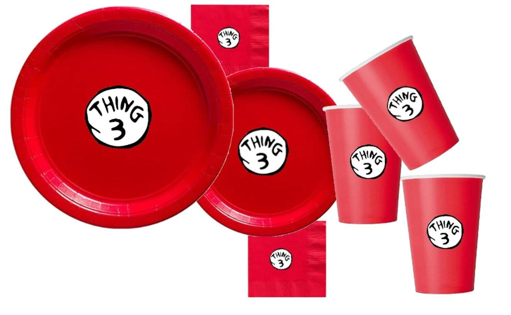 Custom 60 piece Thing 3 Birthday dinnerware Party Plates, cups and napkins: Red