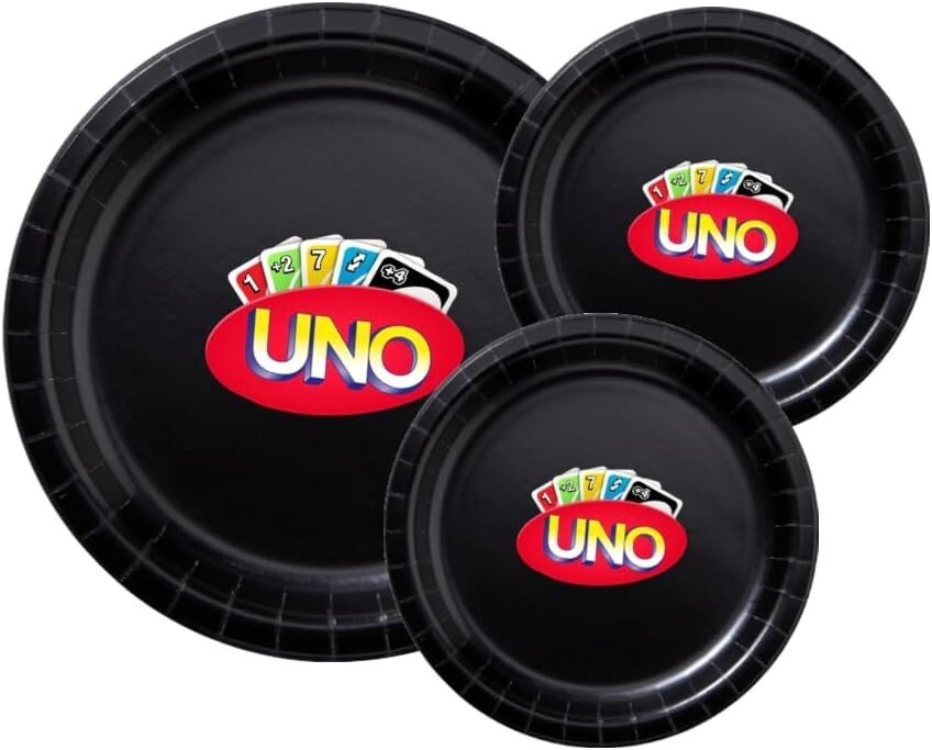 Custom Birthday Card Game Party Paper Plates, Black, Large and Small Sizes, 60 piece Combo Pack