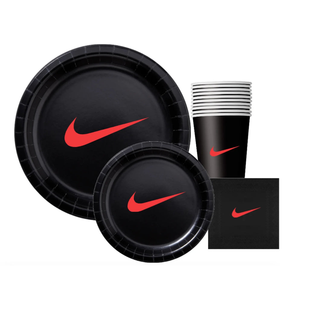 Custom 60 piece Party Pack with Paper Plates, napkins and Cups, Black with Red