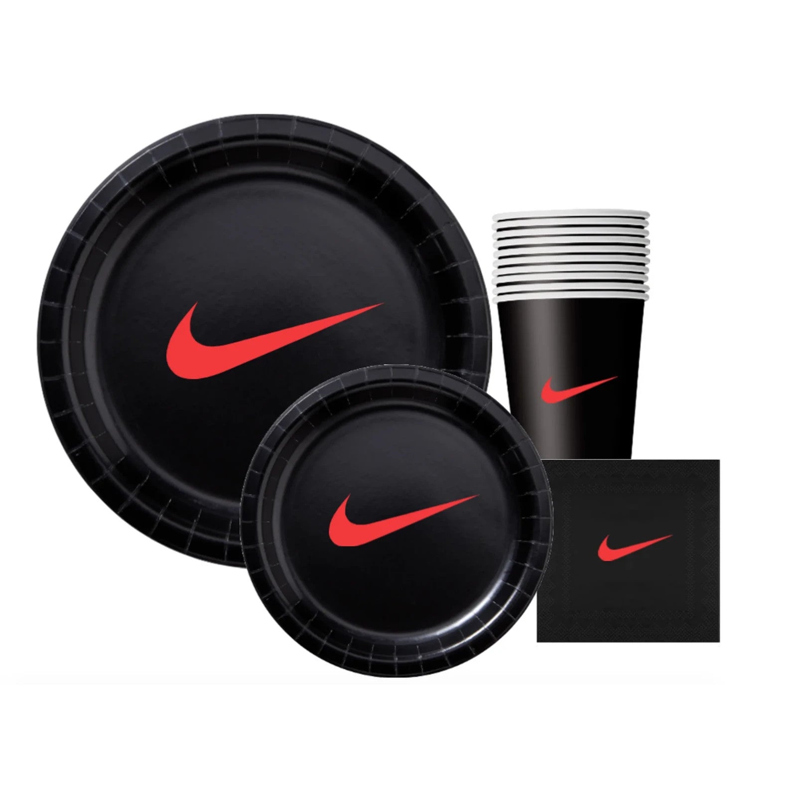 Custom 60 piece Party Pack with Paper Plates, napkins and Cups, Black with Red