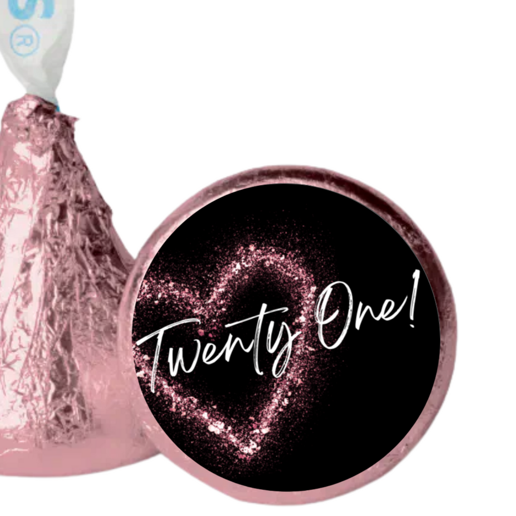 Glam 21st Birthday Kiss Candy Labels | Twenty One Text with Glitter Heart | 100