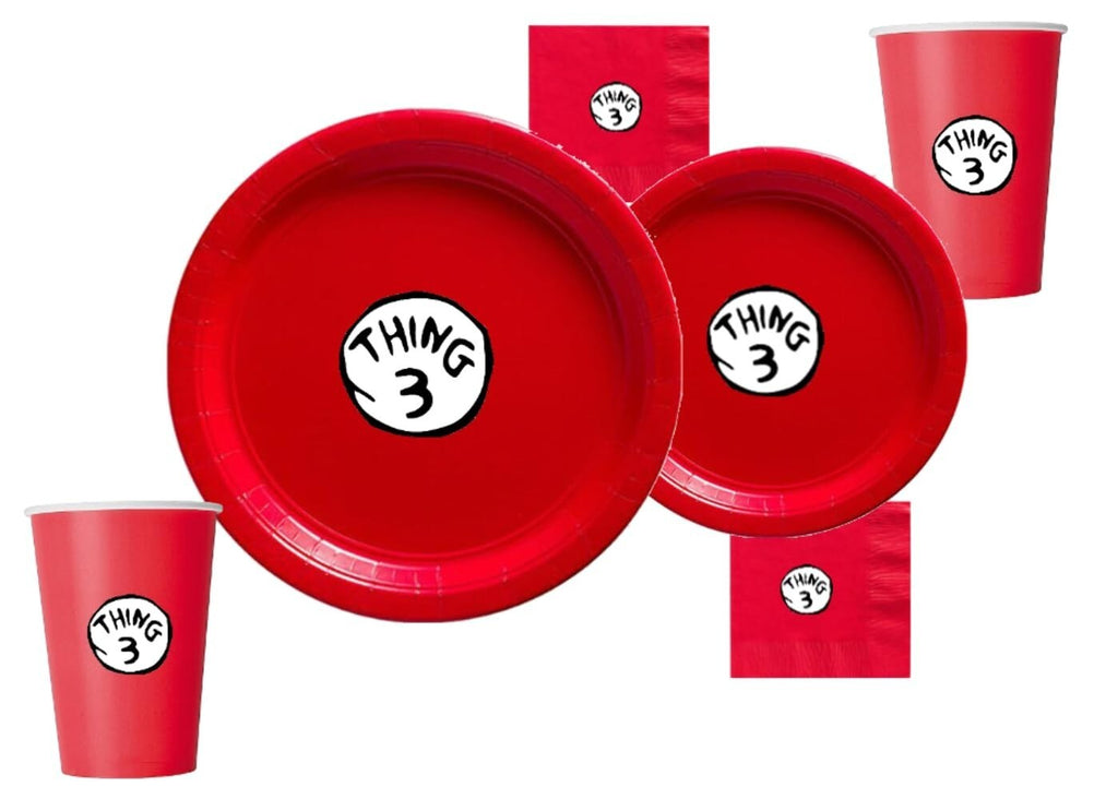 Custom 60 piece Thing 3 Birthday dinnerware Party Plates, cups and napkins: Red